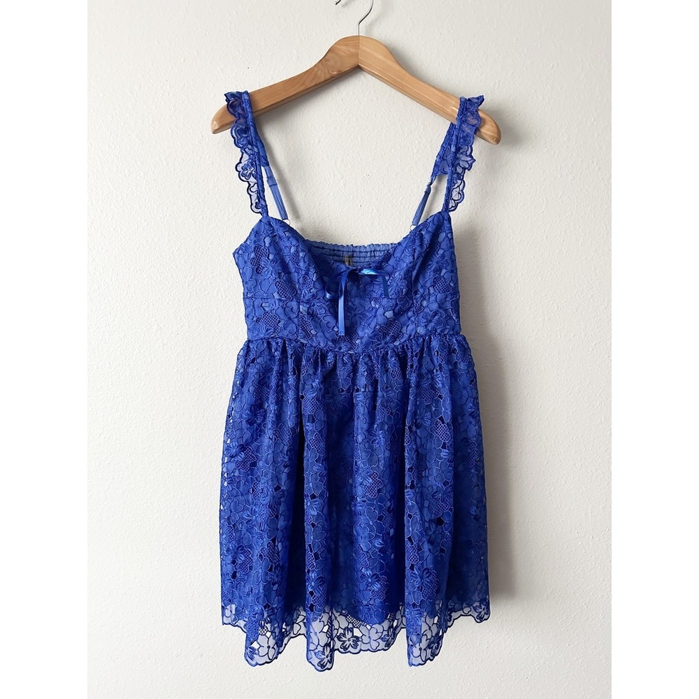 By Anthropologie Cobalt Blue Ruffle Strap Corset Lace Mini Dress Size Large NEW‎